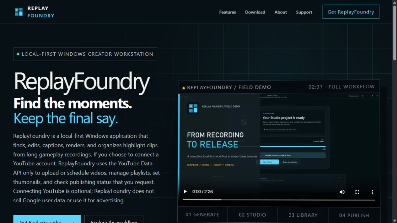 ReplayFoundry product website and workflow preview